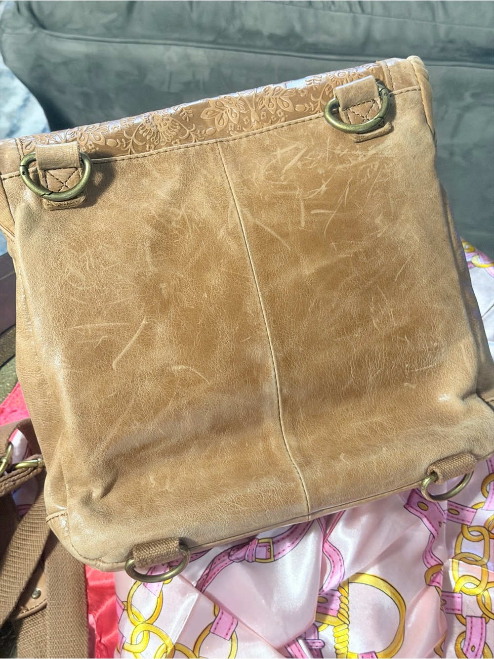 Tan Embossed Shoulder/Backpack Bag – Classic Everyday Style - Picture 10 of 11
